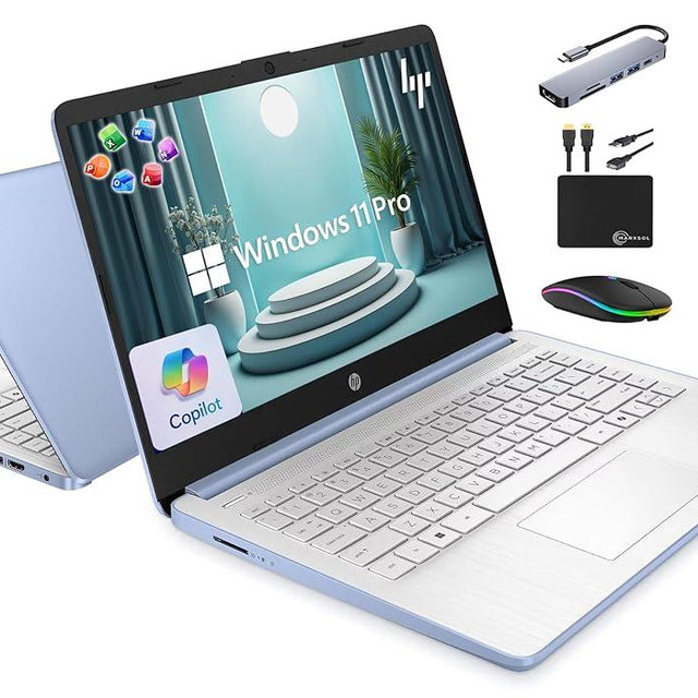 HP 14" Laptop 2025 Business Student Slim Computer, Lifetime MS Office, Copilot AI, Quad-Core Intel CPU, 16GB RAM, 628GB Storage (128GB UFS+500GB Ext), MarxsolAccessory, Wi-Fi 6, Win 11 Pro, Sky Blue