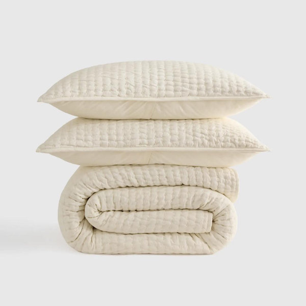 European Linen Cotton Stitch Quilt Set - Ivory, King/Cal King