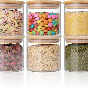 Glass Storage Jars 22oz [Set of 6],Clear Glass Food Storage Containers with Airtight Bamboo Lid Stackable Kitchen Canisters for Candy,Cookie,Rice,Sugar,Flour,Pasta,Nuts and Spice Jars