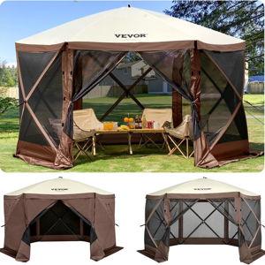 VEVOR 12 * 12ft 6 Sided Pop-up Canopy Shelter Tent with Mesh Windows, Portable Carry Bag, Stakes, Large Shade Tents for Outdoor Camping, Lawn and Backyard, Brown/Beige