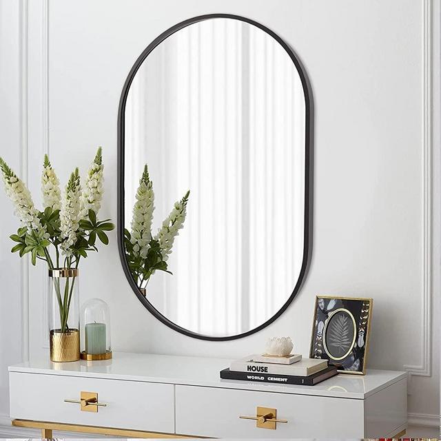 BEAUTYPEAK Wall Mounted Mirror, 17"x30" Oval Bathroom Mirror, Black Vanity Wall Mirror w/ Metal Frame for Vertical & Horizontal Hang, Ideal for Bedroom, Entryway, Living Room