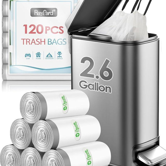 120 Counts 2.6 Gallon Small Drawstring Trash Bags Garbage Bags by RayPard, Small Strong Plastic Bags fit 7.5-10 Liter Trash Can for Home Office Kitchen Bathroom Bedroom, White Waste Basket Liners