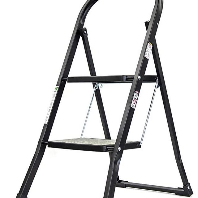 Brookstone BKH1319 2-Step Ladder, Holds up to 330 Pounds, Durable Steel Frame Easily Folds for Storage, Non-Slip Textured Platform, Black