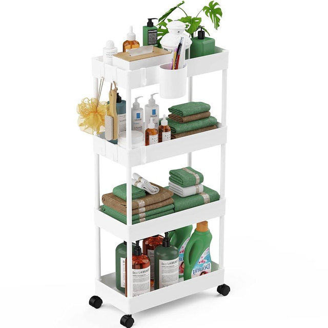 LEHOM Slim Rolling Storage Cart - 4 Tiers Bathroom Organizer Utility Cart Slide Out Storage Shelves Mobile Shelving Unit for Kitchen, Bedroom, Office, Laundry Room, Small Narrow Spaces (Pear White)