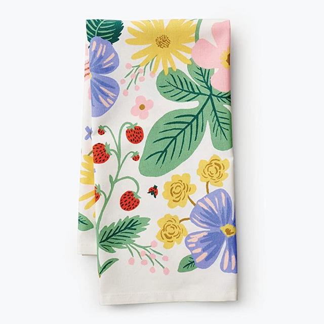 RIFLE PAPER CO. Strawberry Fields Tea Towel, 28" L x 21" W, Add Color into Your Kitchen with Vibrant Screen Printed Towels, Added Loop, Made from Cotton, Machine Washable
