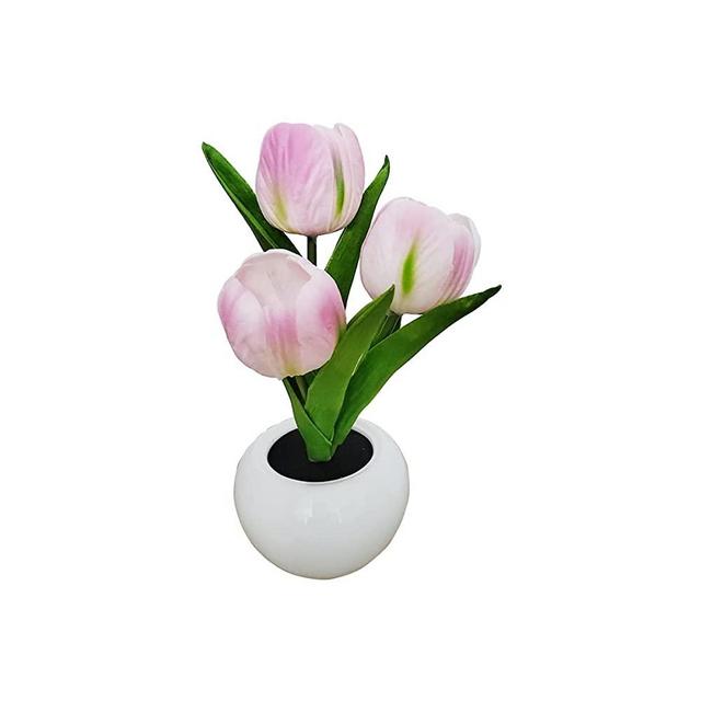 padom Desk Lamp LED Tulip Lamp Artificial Flower Small Night Light Fake Bouquet 3 Heads with Ceramic Vase for Bedroom Bedside Lamp Ambient Light Decor (Pink)