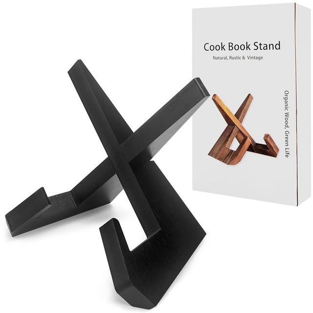 Rustic Black Cookbook Stand for Kitchen, Recipe Book Holder for Kitchen Counter, Wooden Cookbook Holder, Rustic Cook Book Holder Stand with Natural Wooden Grains (1 in Black)