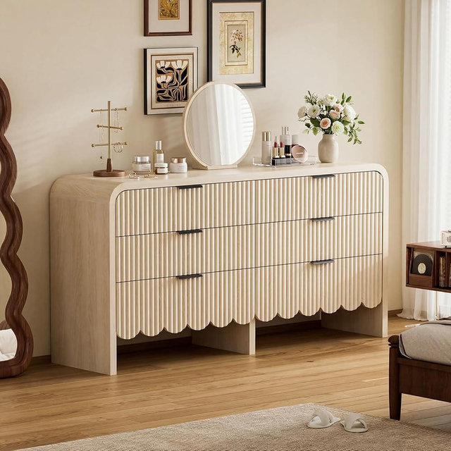 CLLASOU 6 Drawer Dresser for Nursery, Wood Storage Dresser with Drawers and Metal Handle, Fluted Dressers TV Stand, Wooden Closet Chest of Drawers for Kids Baby Room, Bedroom (Beige)