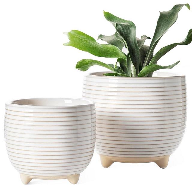 LE TAUCI Ceramic Plant Pots, 5.1 + 6.4 Inch Footed Pots for Plants, Modern Flower Pots for Home and Office, Indoor Planters with Drainage, Reactive Glaze White