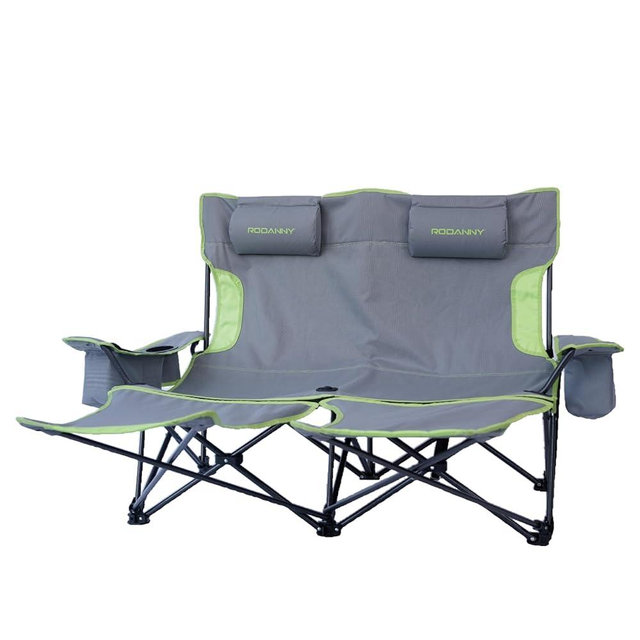 Reclining Double Camping Chair,Adjustable Backrest Two Person Beach Chairs with Foot Rest,Folding Camping Loveseat,Support 440lbs,Lounge Chair Outdoor,Office,Removable Headrests,Cooler Bag,Cup Holder