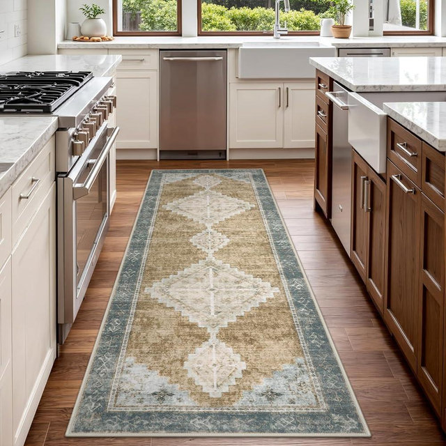 Beeiva Vintage Washable 2x6 Runner Rug Non Slip, Runners for Hallways with Low Plie, Ultra Thin Medallion Kitchen Rug Carpet for Bedroom Laundry Entrance Decor (Camel,2'x6')