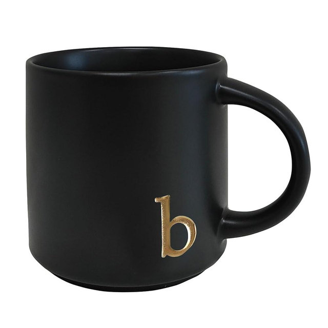 COLLECTIVE HOME - Black Monogram Ceramic Mugs, 15 oz Golden Initial Coffee Cups, Elegant Alphabet Tea Mugs, Personalized Halloween Mug with Gift Box, Perfect for Office and Home Décor (b)