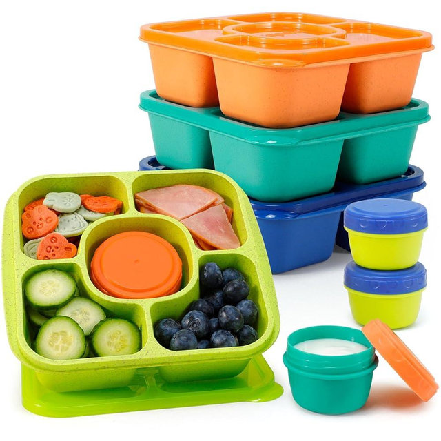 Caperci Original Lunchable Snack Containers for Kids & Adults - 5 Compartments Bento Snack Boxes with 4 Leakproof Small Containers, Wheat Straw, BPA-Free, Set of 4 (Jewel Brights)