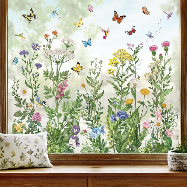 wondever Spring Summer Wild Flowers Window Clings Vintage Wildfloral Butterflies Glass Sticker Decal Anti Collision Double-Side Static Window Stickers for Home Glass Window