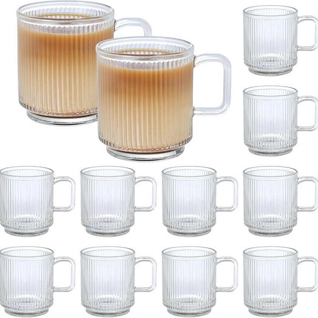 Catsayer 12 PACK Premium Glass Coffee Mugs with Handle, 12 OZ Classic Vertical Stripes Glass Coffee Cups, Transparent Tea Cup for Hot/Cold Beverages, Glassware Set for Americano, Latte, Cappuccino