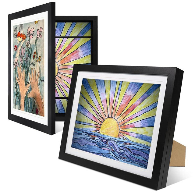 2-Pack Kids Artwork Frames Changeable 10x12.5 with Easel Stand, Hangers, Backboard, Shatterproof Plexiglass | 2 Mats Fit 9x12, 8.5x11, A4 Paper Sizes | Large and Easy-Access Kids Art Frame Display and Storage for up to 100 Sheets (Black)
