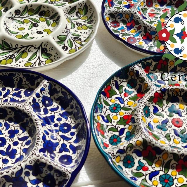 Appetizer Plater Round 5-section | Handmade Hand painted Ceramic | Multicolored | Navy | Turquoise | Olives | Palestinian Hebron Ceramic
