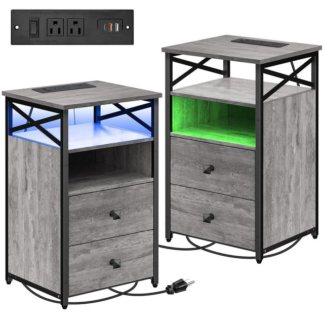 Livofloral LED Nightstand with Charging Station, Nightstand Set of 2 with Wood Drawers, End Tables Living Room Set 2 with Storage, Farmhouse End Table Set of 2, Bedside Table for Bedroom, Grey