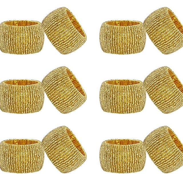 COTTON CRAFT Glitz Set of 12 Round Beaded Napkin Rings, Gold
