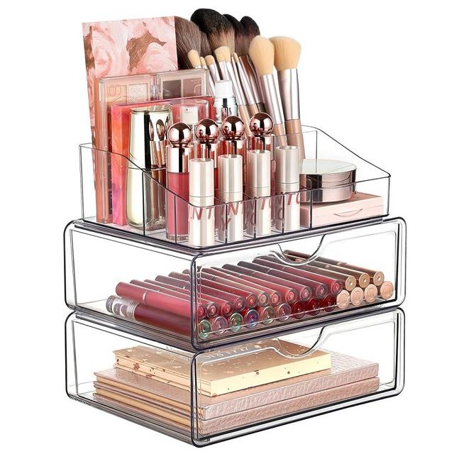 Vtopmart 3 Tier Clear Makeup Organizer with Drawer, Cosmetic Storage for Dresser Countertop and Bathroom Vanity, Beauty Holder for Lipstick Brush Skincare