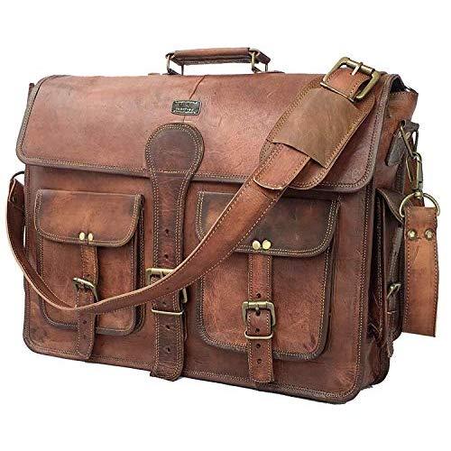 DHK 18 Inch Vintage Handmade Leather Messenger Bag Laptop Briefcase Computer Satchel bag For Men (DARK BROWN)