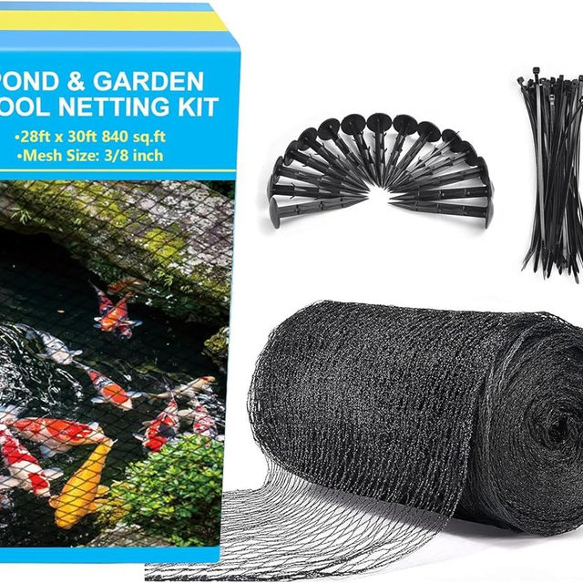 BUZIFU Pond Netting, 28 x 30FT Pond Net for Koi Ponds, Garden Pool Fine Mesh Pond Netting Cover for Leaves, Protects Koi Fish from Birds Cats Predators, with 14 Stakes and 30 Cable Zip Ties