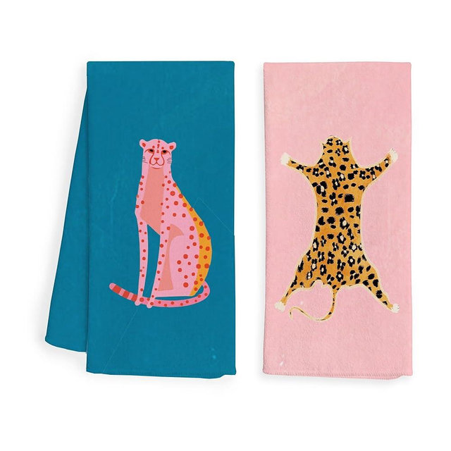 WFSM Pink and Blue Preppy Leopard Cheetah Kitchen Towels and Dishcloth Set of 2, Funky Trendy Dish Towels for Kitchen, Funky Hand Towels for Bathroom, Preppy Bathroom Decor, 16x24 Inches