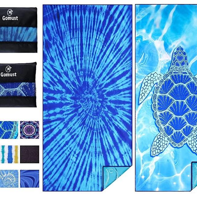 2 Pack Lightweight Thin Beach Towel Oversized 71"x32" Big Extra Large Microfiber Sand Free Towels for Adult Quick Dry Travel Camping Beach Accessories Vacation Essential Gift Blue Tie Dye Turtle