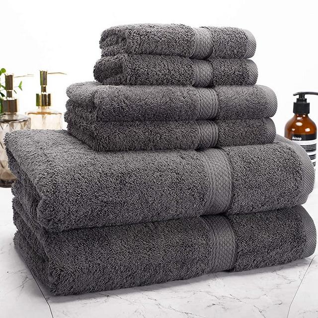 Isbasa 6-Piece Grey Bath Towel Sets for Bathroom, 100% Natural Cotton, 2 Bath Towels, 2 Hand Towels, 2 Washcloths