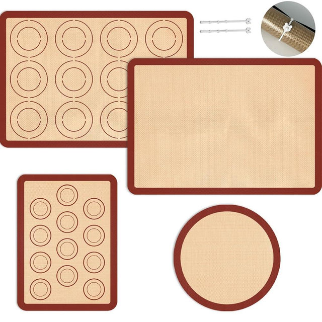 Silicone Baking Mat Set of 4, Nonstick Reusable Macaron Silicone Baking Mat & Round Pizza Mat, Cookie Baking Supplies for Macaroons, Pastry, Pizza, Red