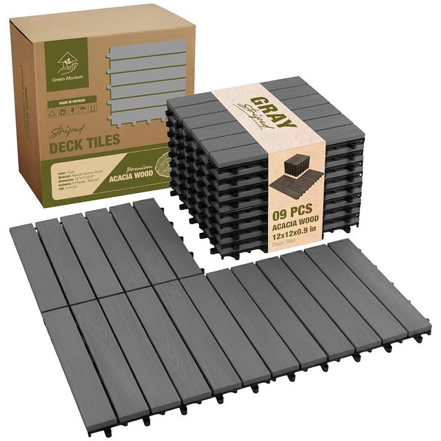 GREEN ALLUVIUM Premium Acacia Wood Interlocking Deck Tiles, 9 PCS 12"x12"x0.9" Patio Flooring, Outdoor Waterproof Decking Tiles for Balcony, Backyard & Patio, All Weather Use (Gray - Striped Pattern)