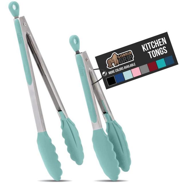 Gorilla Grip Stainless Steel Silicone Tongs for Cooking, Set of 2, Includes 9 and 12 Inch Locking Kitchen Tong, Heat Resistant Tip, Strong Grip for Meat, Perfect for Nonstick Pans, BBQ, Mint