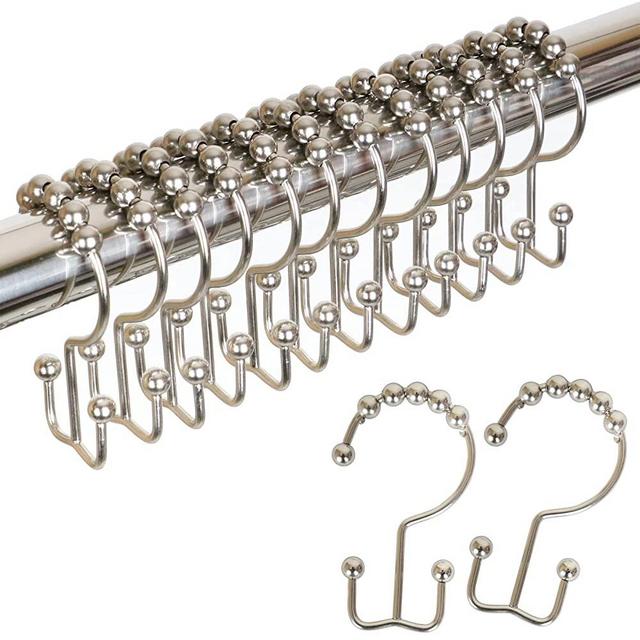 Bathdesign Durable Shower Curtain Hooks Rings,Never Rust Stainless Steel Double Sliding Shower Hooks That, for Bathroom Shower Rods Curtains, Set of 12 Shower Curtain Hooks (Matte Nickel)