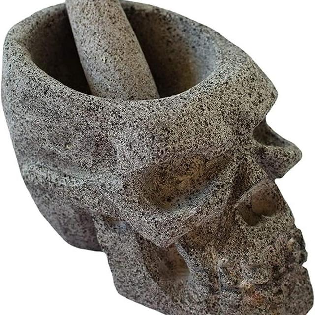 CEMCUI Volcanic Stone Molcajete/Mortar and Pestle, Mexican"Cuaomi" Skull Shaped made of Volcanic Rock, Decoration Skull