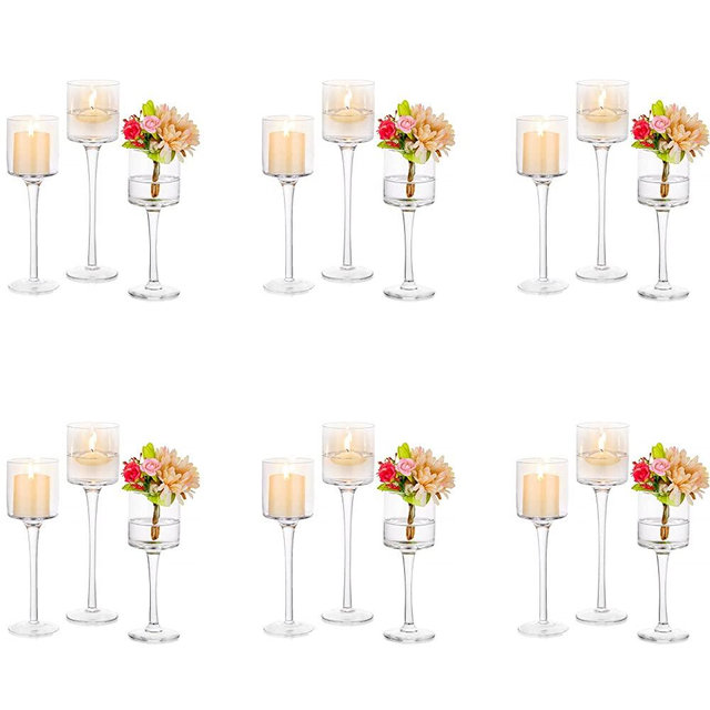 Glass Candle Holder for Table Centerpiece - Inweder Tall Tea Lights Candle Holder, Elegant Clear Long Stem Candle Holders for Pillar Candles, Floating Candle Holder for Party, Home Decor, Set of 18