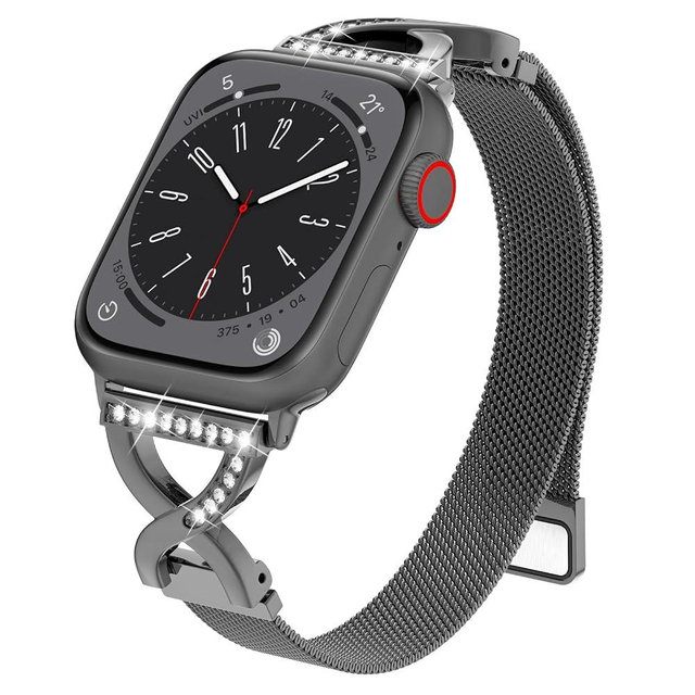 BRG Thin Mesh Loop Compatible with Apple Watch Bands for Women 44mm 45mm 46mm Series 11 10 9 8 7 6 5 4 3 2 1 SE, Metal Magnetic Stainless Steel Strap with X-Shape Diamond Clasp for iWatch Bands