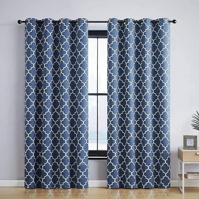 HLC.ME Lattice Print Decorative Blackout Thermal Insulated Privacy Room Darkening Grommet Window Drapes Curtain Panels for Bedroom - Dusty Blue - Set of 2-52 x 54 Inch Length