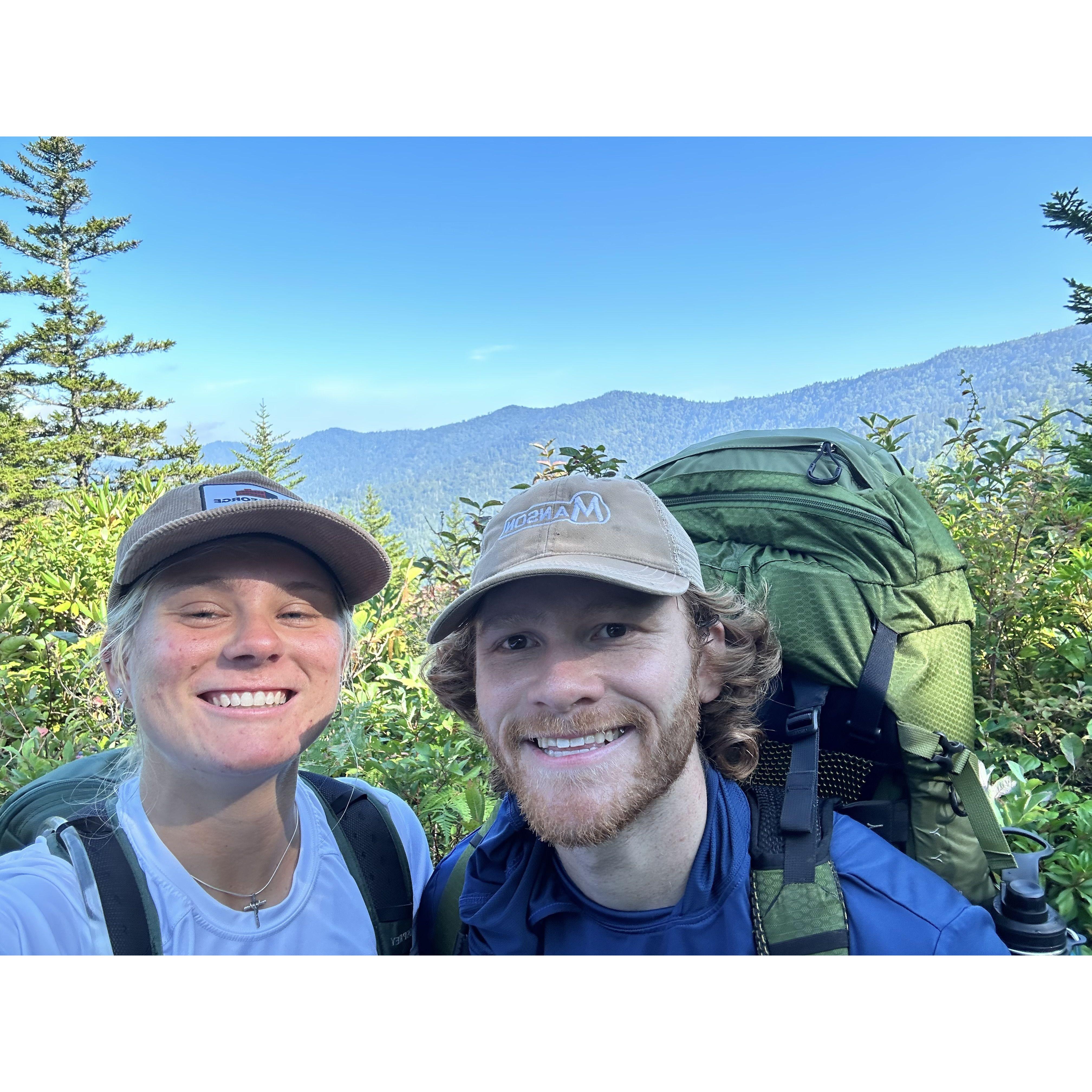 Grace and Joe's first backpacking trip in Smokey Mountain National Park (August 2023). North Carolina is where we first told each other we were in love with one another!
