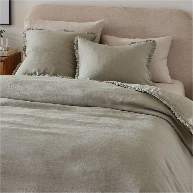 European Flax Linen Ruffle Full/Queen Duvet, Celadon