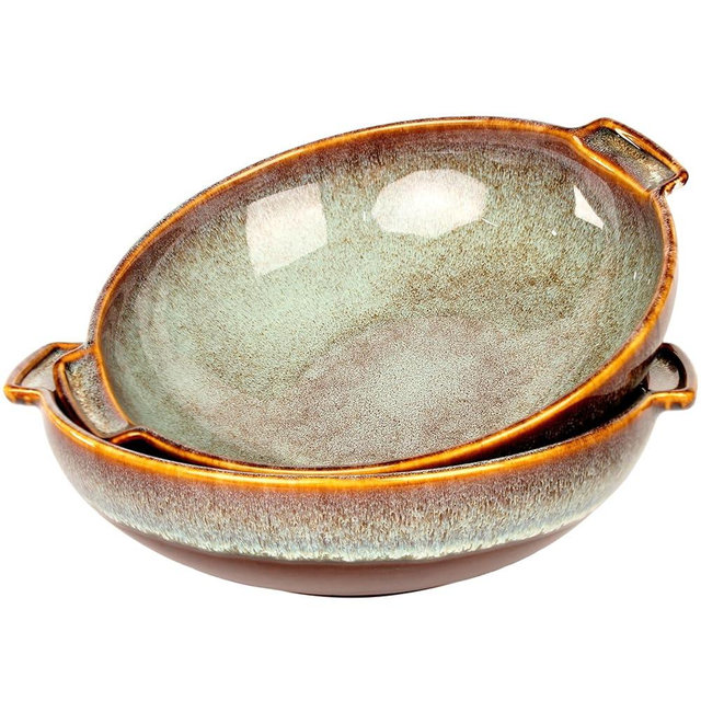 jinsongdafa Round Casserole Dish Set of 2, 1.6 Qt Ceramic Au gratin Baking Dish, Baking Pan with Handles or for mixing, salad, pasta bowl, Best gift for those who love baking, Microwave, Oven safe