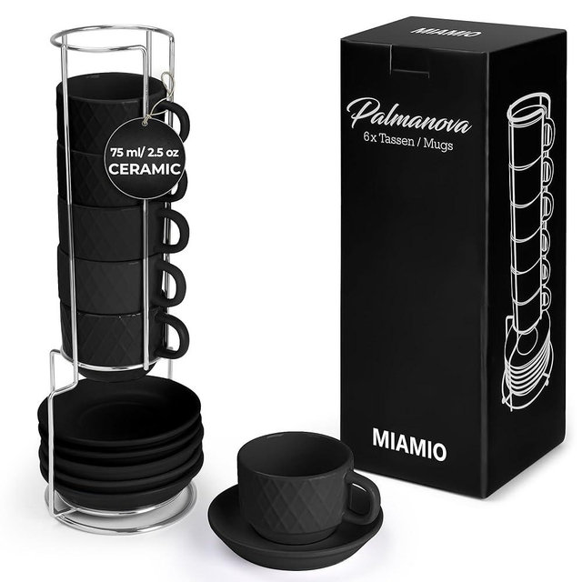 MIAMIO - 6 x 2.5 oz Stoneware Espresso Mug, Cup Set Modern with Stand and Saucers - Palmanova Collection (Black)