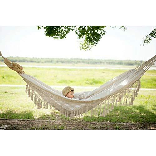 RISEON Handmade Boho Large Brazilian Macrame Fringe 2 Person Double Deluxe Hammock Swing Net Chair for Beach, Yard, Bedroom, Patio, Porch, Indoor, Outdoor, Wedding Decor 95" Lx 59" W