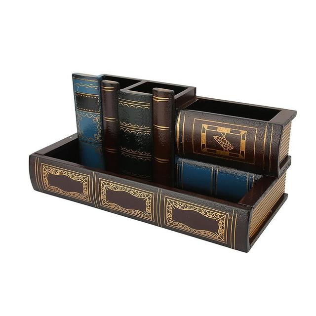 Retro Pen Holder, Vintage Fake Book Shaped Wooden Pencil Holder Desk Organizer with Drawer Wooden Pencil Cup for Home Office Study Library