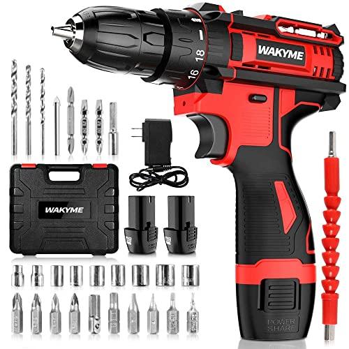 Cordless Drill Driver Kit with 2 Batteries, WAKYME 12.6V Power Drill 30Nm 18+3 Clutch, 3/8" Keyless Chuck, Variable Speed & Built-in LED Electric Screw Driver for Drilling Wall, Bricks, Wood, Metal