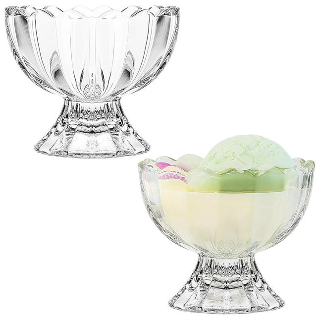 5oz Vintage Glass Dessert Bowls Set of 2, Heavy Base Ice Cream Cups for Sundae, Fruit, Pudding, Snacks & Condiments