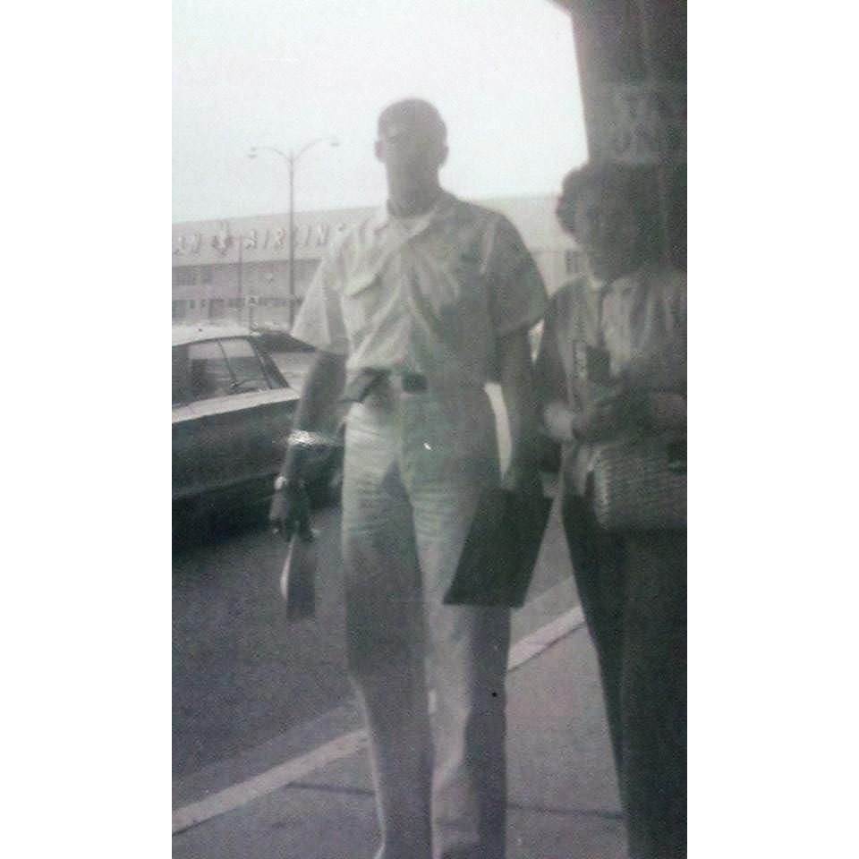 Beautiful Craig with his beautiful mother, Shirley, at the airport in Buffalo, NY heading for the San Diego Naval Base. 1969 or 1970