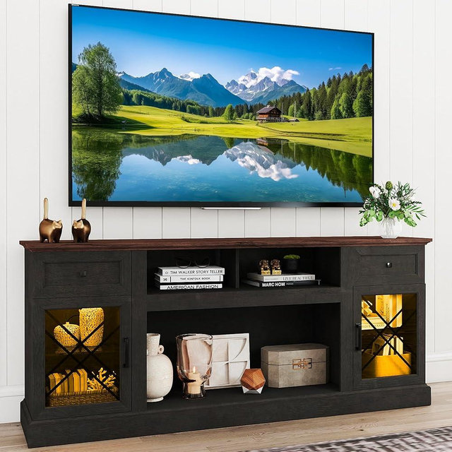 ENOUSHU 70 Inch Farmhouse TV Stand Table for 75 80 inch TVs, Modern Entertainment Center with LED Lights and Glass Doors, Wooden TV Stands for Living Room (Espresso, 70"x15"x30")