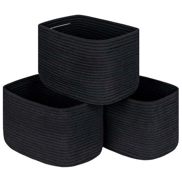 Kriitools Black Woven Rope Storage Cube Baskets for Organizing, Closet Storage Baskets Bins for Shelves, Baby Nursery Towel Toy Cube Bins, Soft/Stylish Decor Baskets for Living Room Set 3
