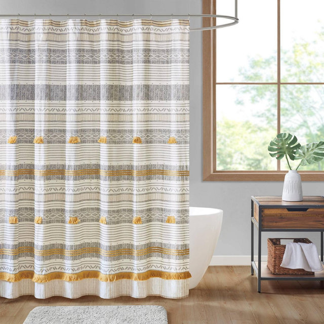 72"x72" Striped Cody Cotton Shower Curtain with Tassel Gray/Yellow - Ink+Ivy