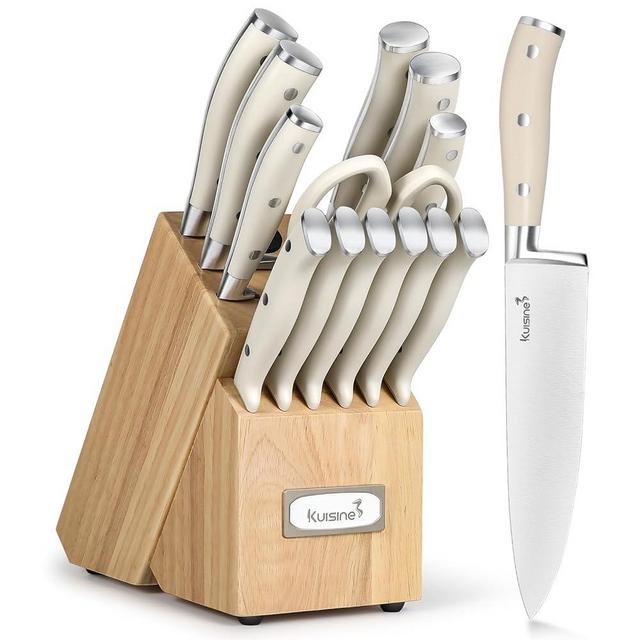 Kuisine Chef Knife Set Block Razor-sharp German High Carbon Stainless Steel Blade Ergonomic Handle Kitchen Knife Block Set Built-in Sharpener, Valentines Day Gift(Ivory Pro,15pcs)